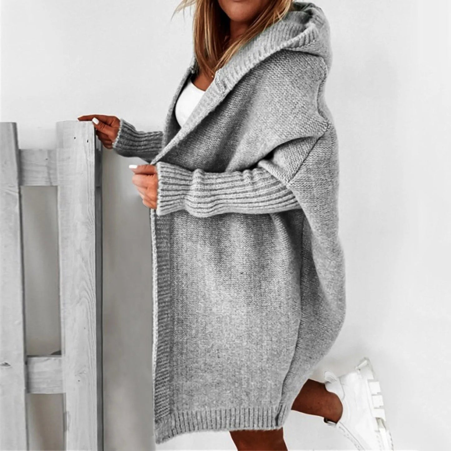 ChicConfort - Manteau en tricot oversized gris avec capuche
