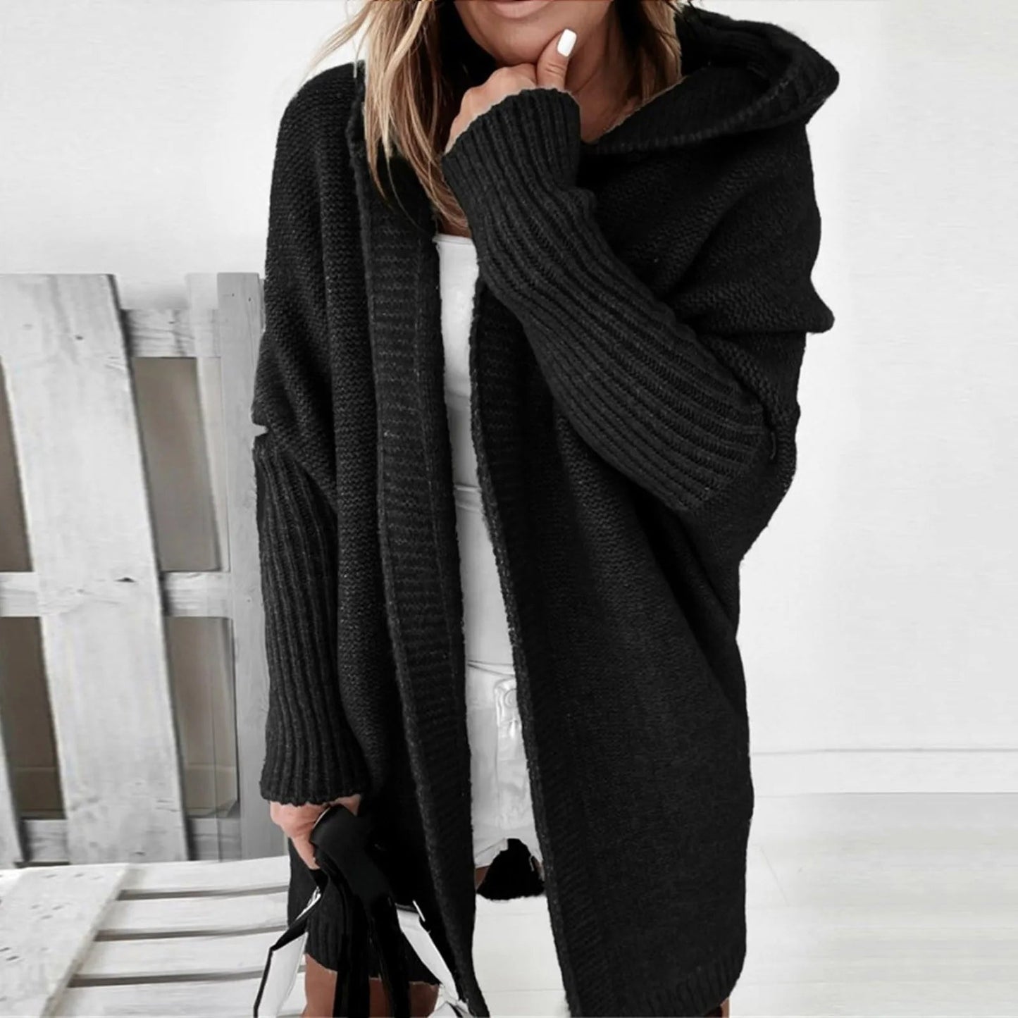ChicConfort - Manteau en tricot oversized gris avec capuche